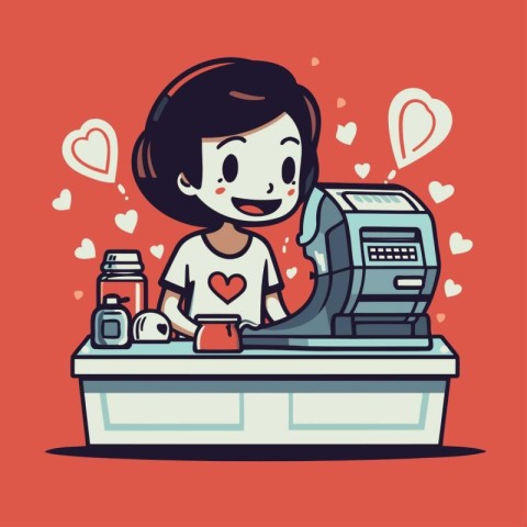 Vector illustration of a girl cashier at the cash register with