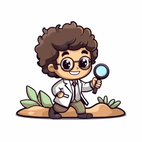 Scientist boy with magnifying glass character cartoon vector ill