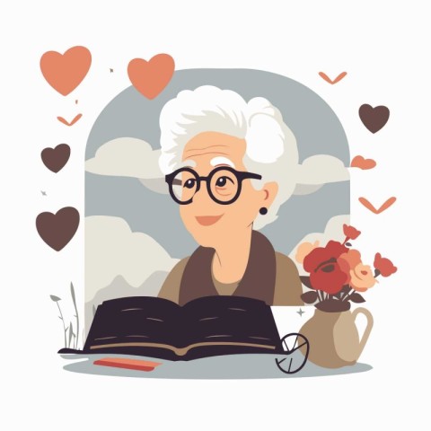 Elderly woman reading a book. Vector illustration in cartoon sty