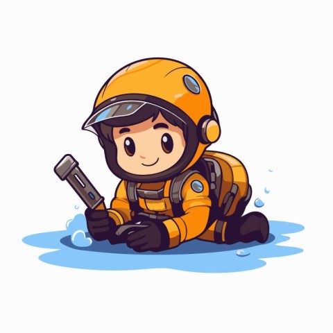 Cute boy in space suit and helmet with flashlight. vector illust