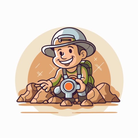 Cute cartoon explorer boy sitting on the stone. Vector illustrat