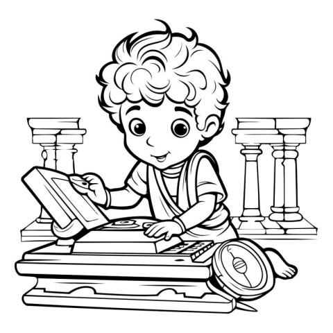 Boy with a typewriter. Coloring book for children. Vector illust