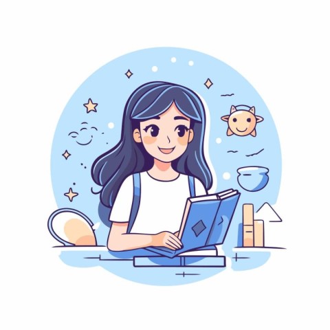 Cute girl reading a book. Vector illustration in a flat style.