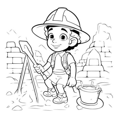 Black and White Cartoon Illustration of Cute Little Boy or Kid A