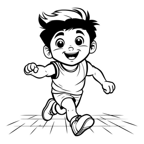 Boy Running - Black and White Cartoon Illustration. Vector Clip