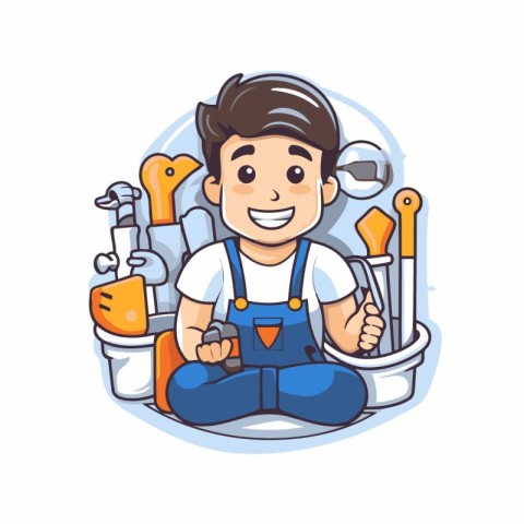 Repairman sitting with tools. Vector illustration in cartoon sty