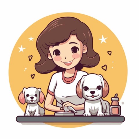 Cute girl brushing her dogs. Vector illustration in cartoon styl