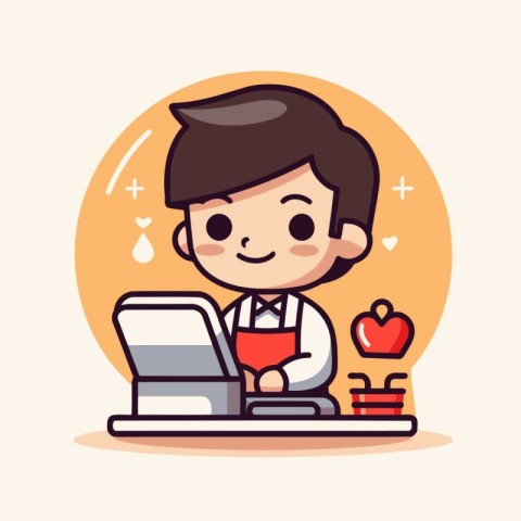 Cute boy working at the computer. Vector flat cartoon illustrati