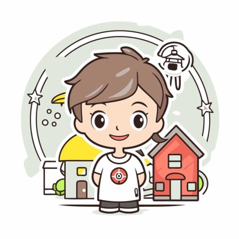 Boy in white t-shirt with house. Vector Illustration.