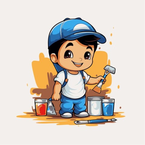 Cute little boy with paint and brush. Vector cartoon illustratio