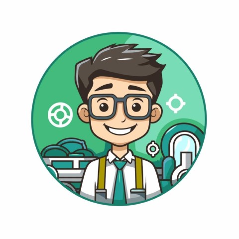 Geeky man with glasses in round icon. Vector illustration.