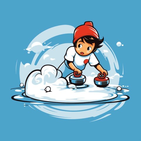 Illustration of a little boy riding a snowboard on a cloud