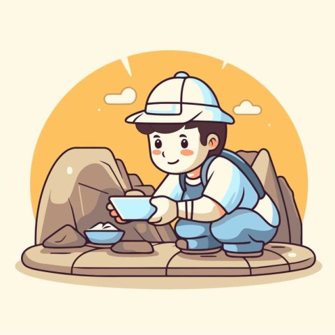 Illustration of a Kid Boy Playing with a Cup of Tea on the Rock