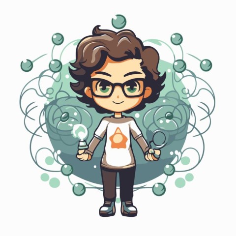 Cute cartoon boy with eyeglasses and soap bubbles. Vector illust