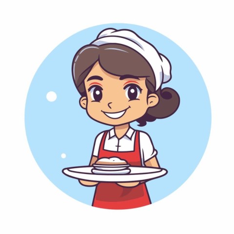 Cute girl chef holding plate with dish. cartoon vector illustrat