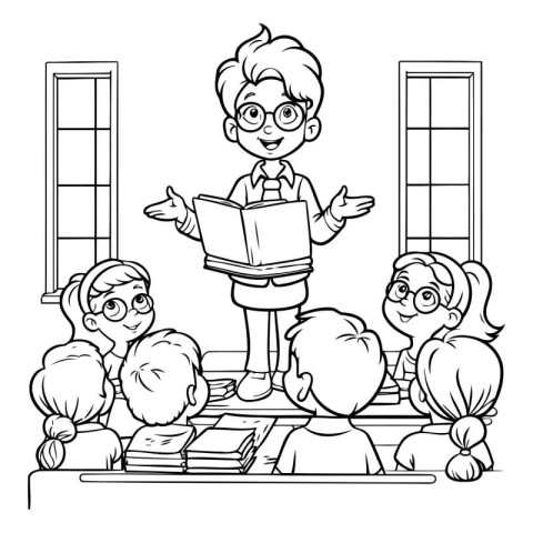 Teacher at the lesson. Black and white vector illustration for c