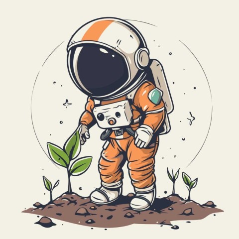 Astronaut in spacesuit and sprout. Vector illustration.