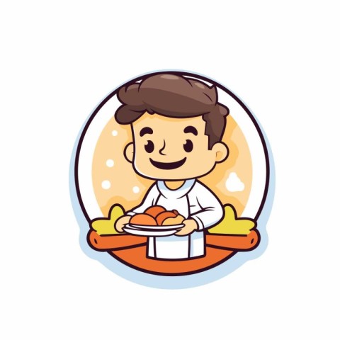 Cute cartoon boy holding a plate with food. Vector illustration.