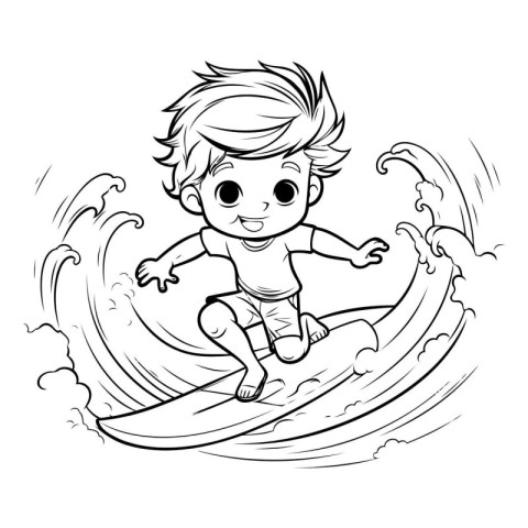 Cartoon boy surfing on the waves. Vector illustration for colori