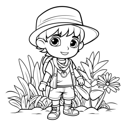 Coloring Page Outline Of Cartoon scout boy with backpack and hat