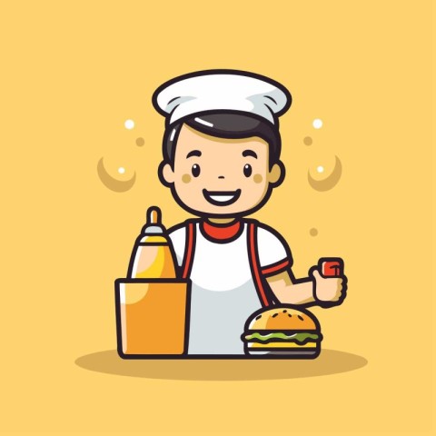 Chef with hamburger and bottle of milk. Vector illustration.