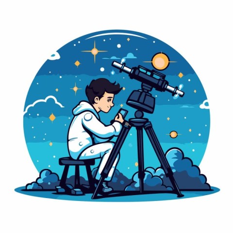 Astronaut and telescope in space cartoon vector illustration gra