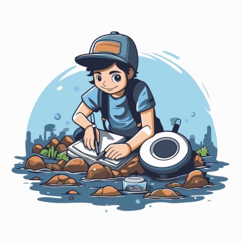 Boy with a map and a compass in his hand. Vector illustration.