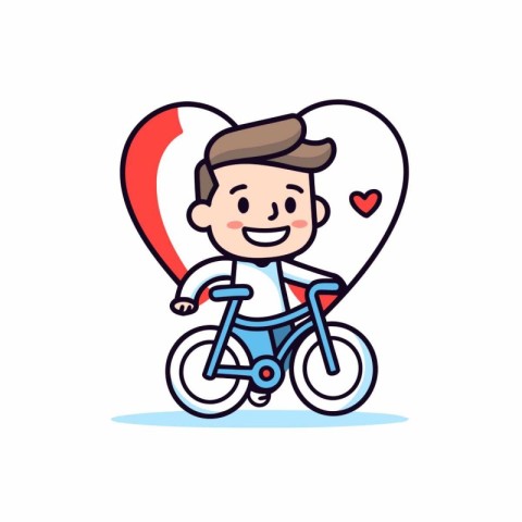 Cute boy riding a bicycle in the heart shape. Vector illustratio