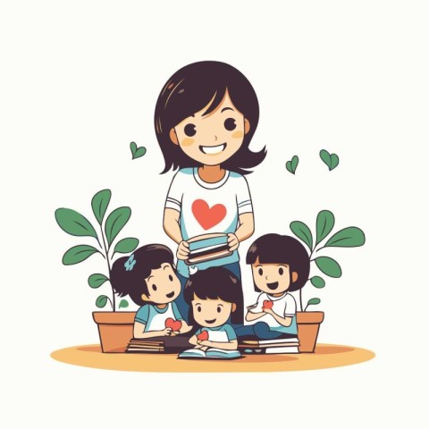 Happy family reading books together. Mother with children. Vecto