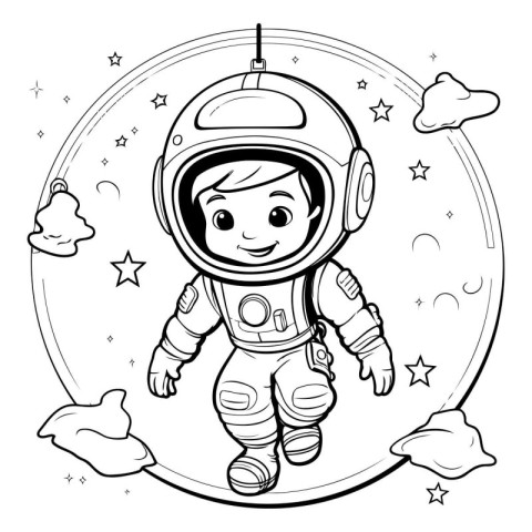 Cartoon astronaut in space. Black and white vector illustration