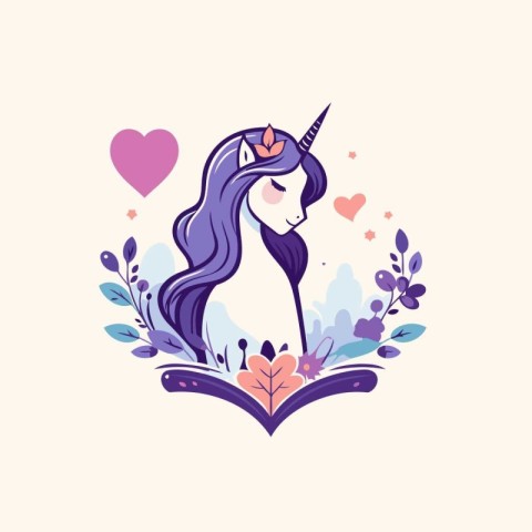 Unicorn with magic book. Vector illustration in cartoon style.