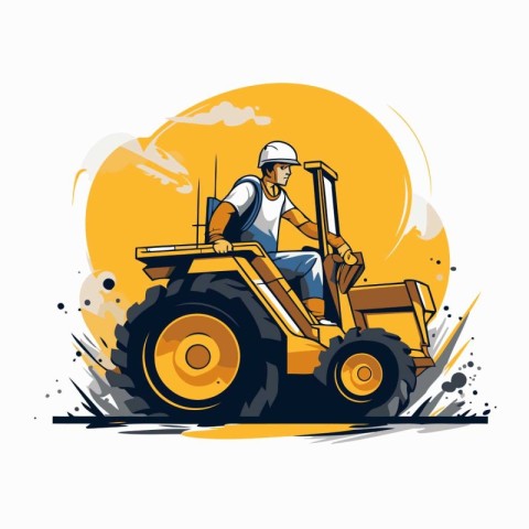 Worker driving a tractor. Vector illustration on a white backgro