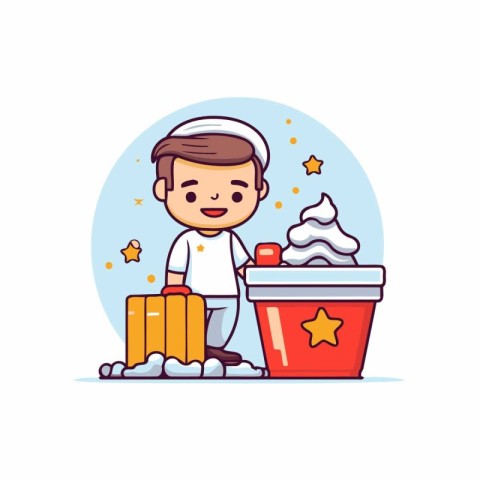 Cute little boy with a bucket of snow. Vector illustration.