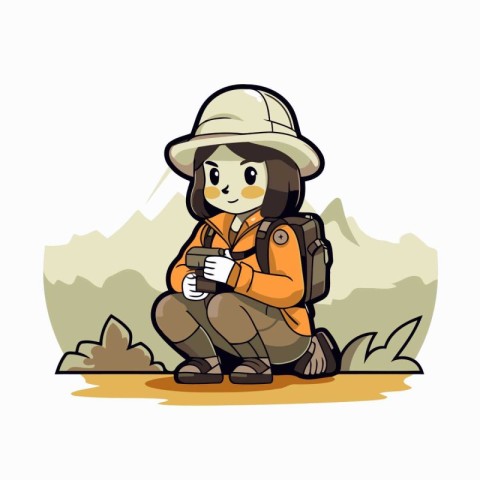 Tourist girl with backpack and cup of coffee. vector illustratio