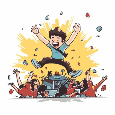 Cartoon illustration of a man jumping on a drum set. Vector illu