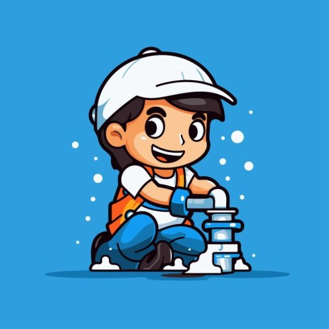 Cartoon boy with plumber tool. Vector illustration of a cartoon