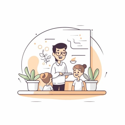 Vector illustration of a teacher and children in the classroom.