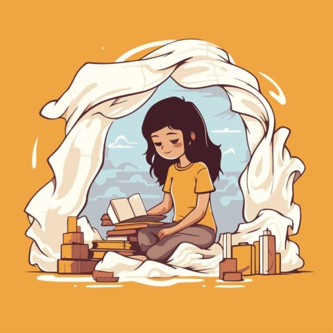 Girl reading a book in a cave. Vector illustration in cartoon st