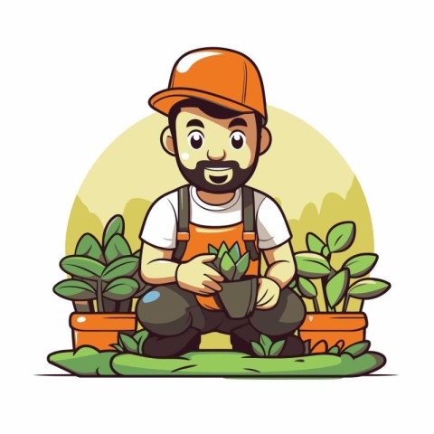 Gardener with potted plants. Vector illustration in cartoon styl