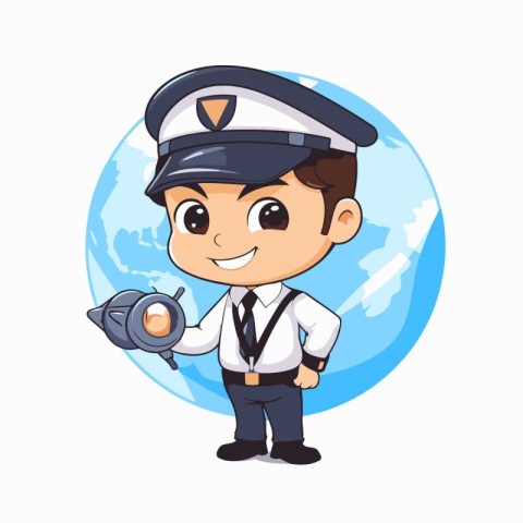 Cute boy pilot with globe on white background. Vector illustrati