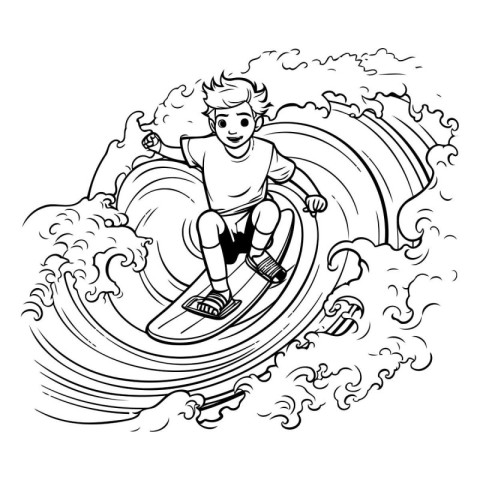 Surfer on surfboard. Black and white vector illustration for col