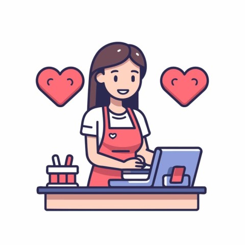 Pregnant woman working on laptop at home. Cute vector illustrati