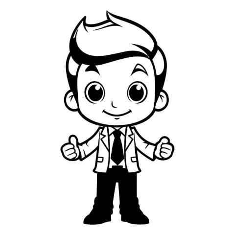 Boy Showing Thumbs Up - Black and White Cartoon Illustration. Ve