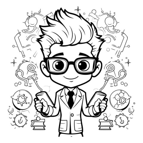 Funny cartoon schoolboy with hand drawn science symbols. Vector