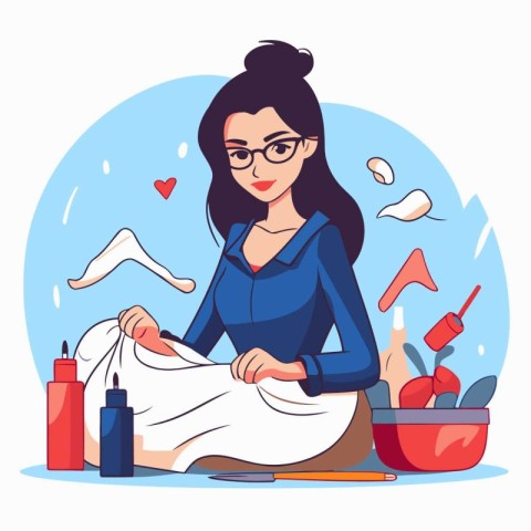 Woman washing clothes in the bathroom. Vector illustration in ca