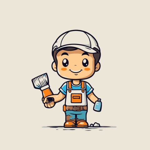 Cute cartoon construction worker with brush and paint. Vector il