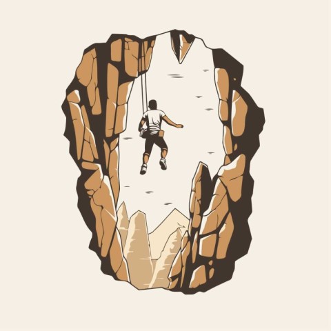 Hand drawn vector illustration of a rock climber climbing on a c