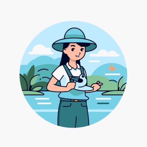 Fisherman in hat with panda. Vector illustration in flat style