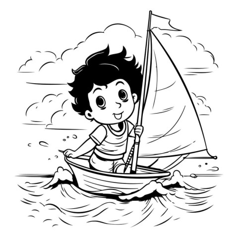 Boy in a boat. Black and white vector illustration for coloring