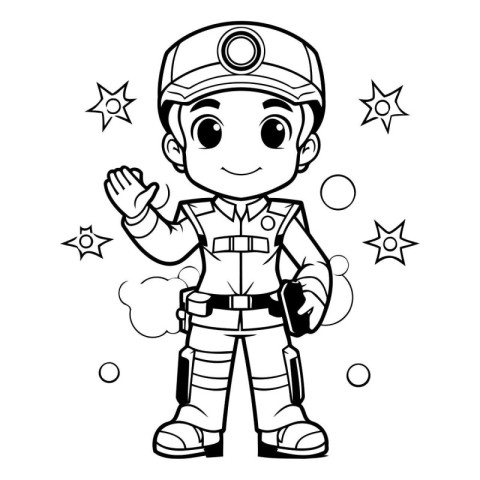 Black and White Cartoon Illustration of Cute Little Police Offic